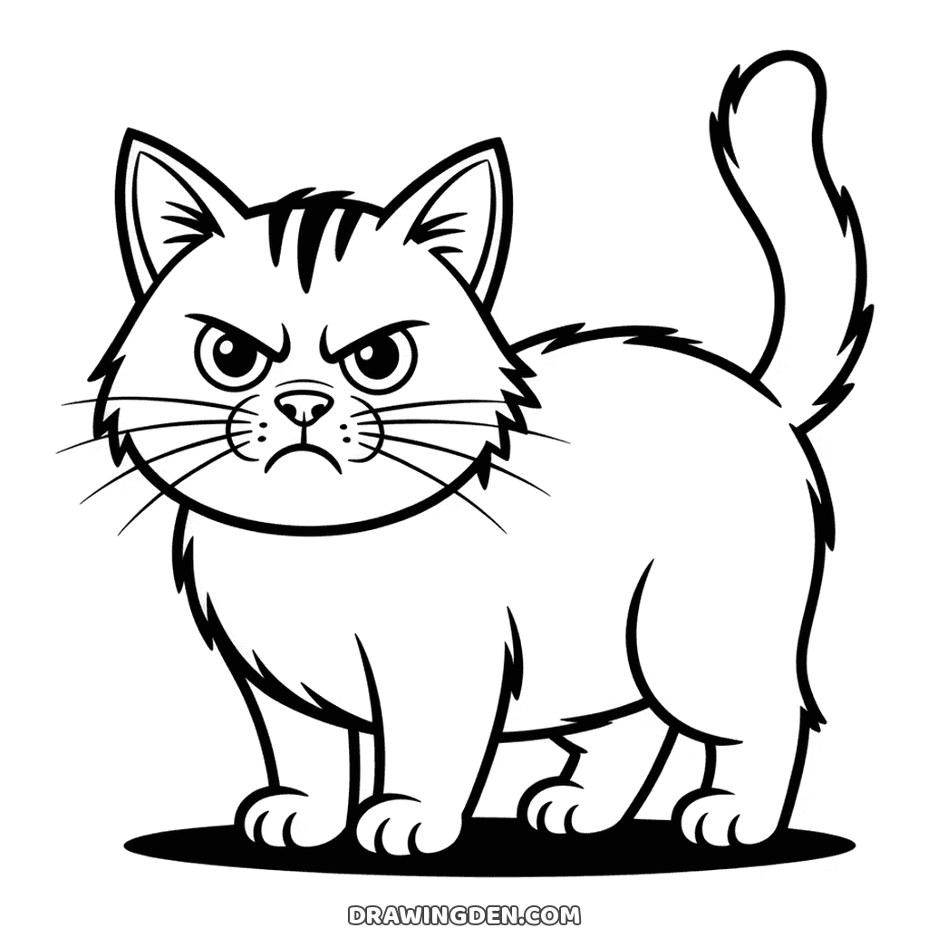Grumpy cat drawing standing side on with long fur drawn in tufts, tail up and a thoroughly cross face