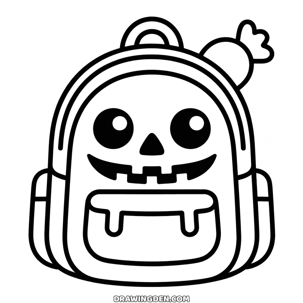 Halloween backpack drawing with a carved pumpkin face on the front pocket and a small pumpkin charm hanging from a strap