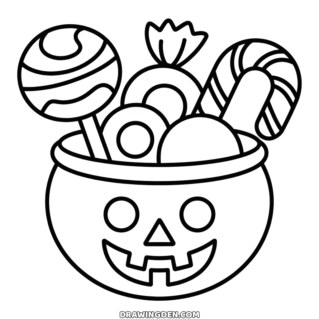 A halloween pumpkin bucket with a carved face, filled with a lollipop, wrapped sweets and a striped candy cane