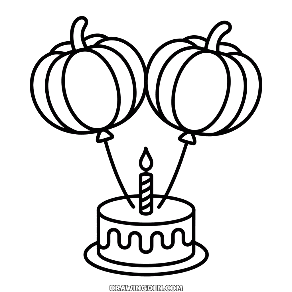 Halloween birthday cake coloring page with a lit candle and two pumpkin shaped balloons on strings