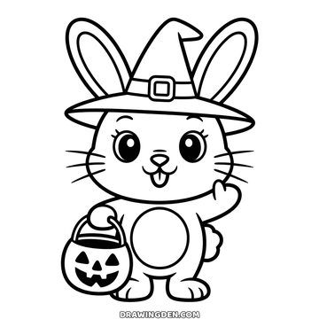 Halloween bunny standing in a buckled witch hat with its long ears through the brim, holding a pumpkin pail