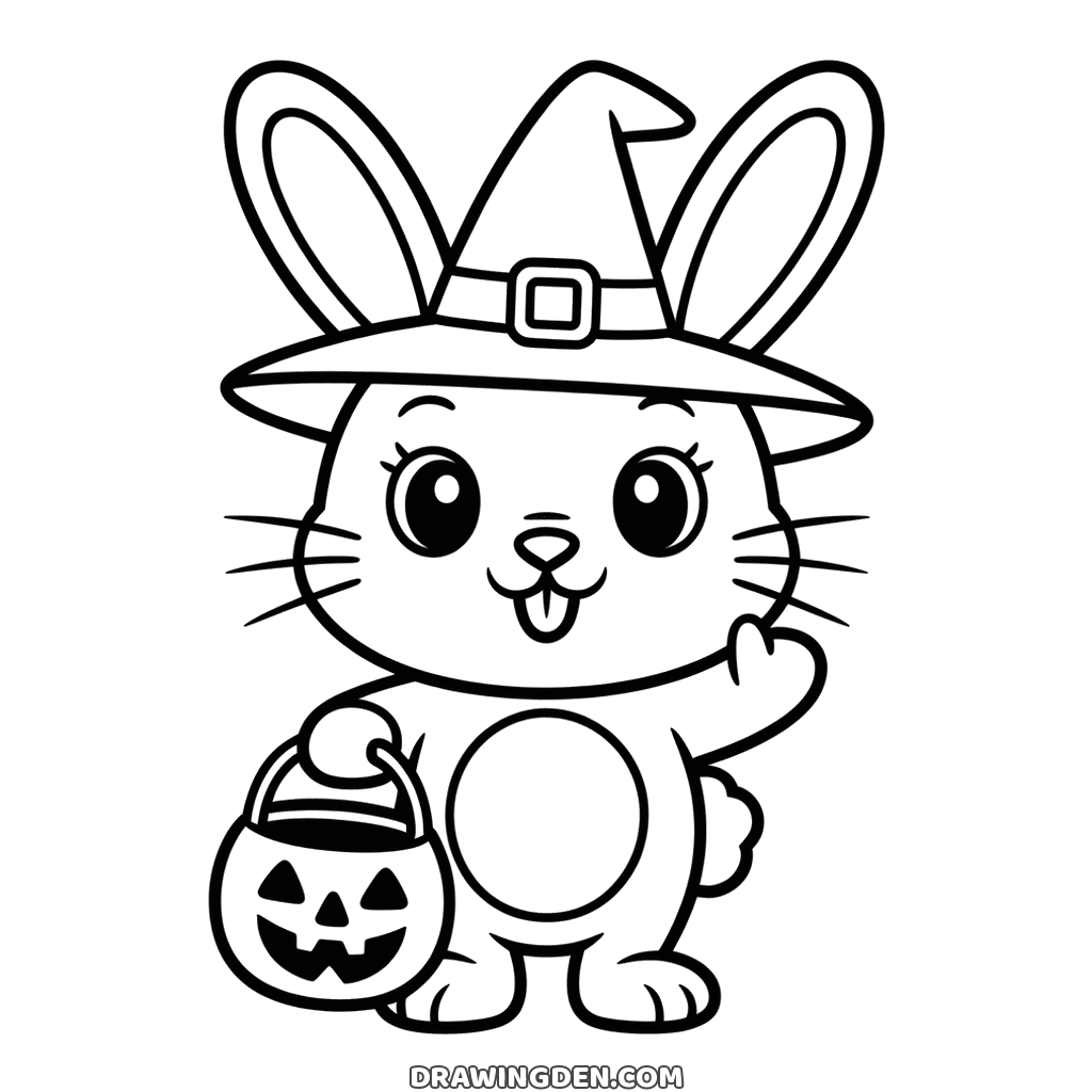 Halloween bunny standing in a buckled witch hat with its long ears through the brim, holding a pumpkin pail