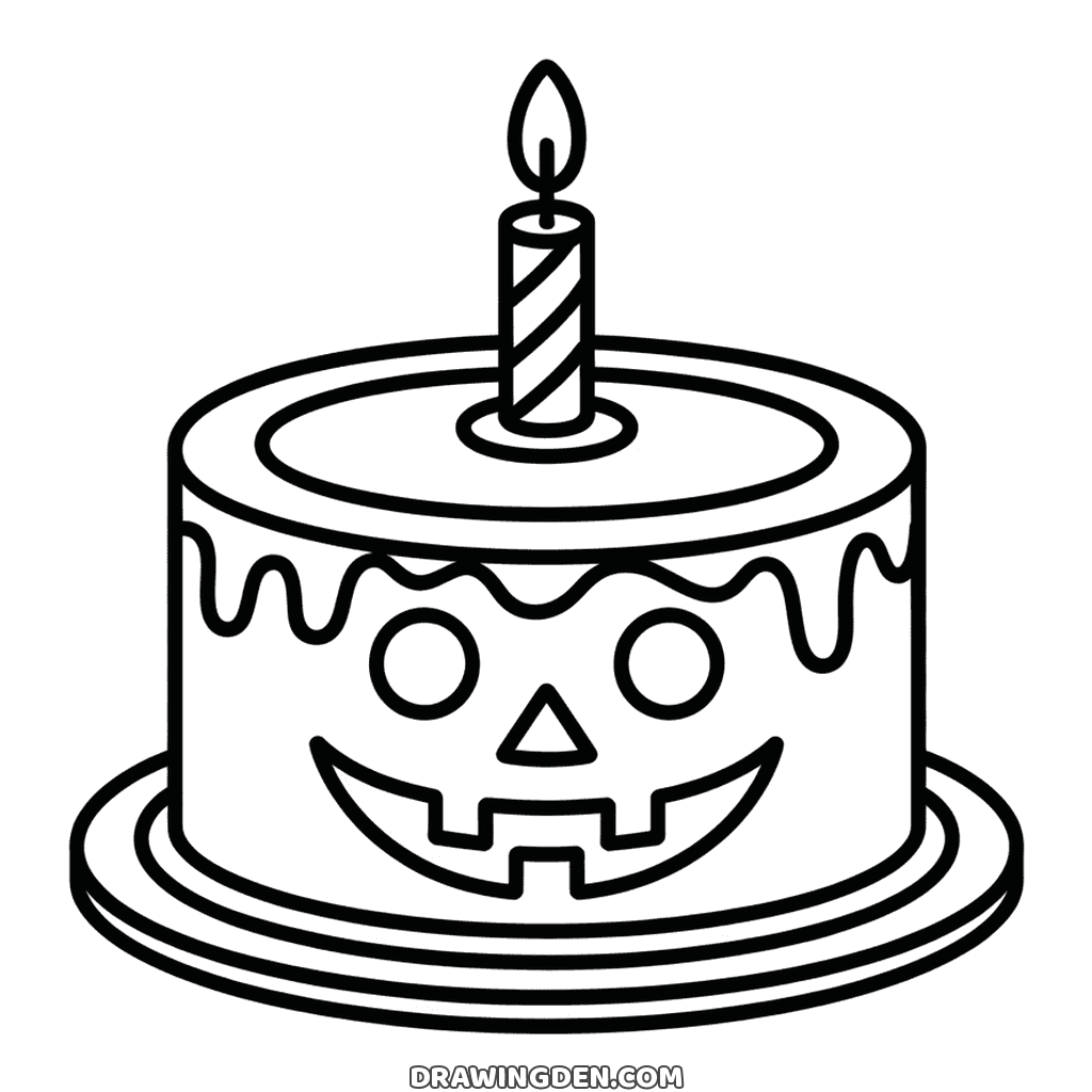 A round halloween cake on a stand with icing dripping over the edge, a carved jack o lantern face on the side and a lit candle on top