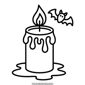 Halloween candle drawing with thick wax running over the rim and pooling at the base, a small bat flying beside the flame