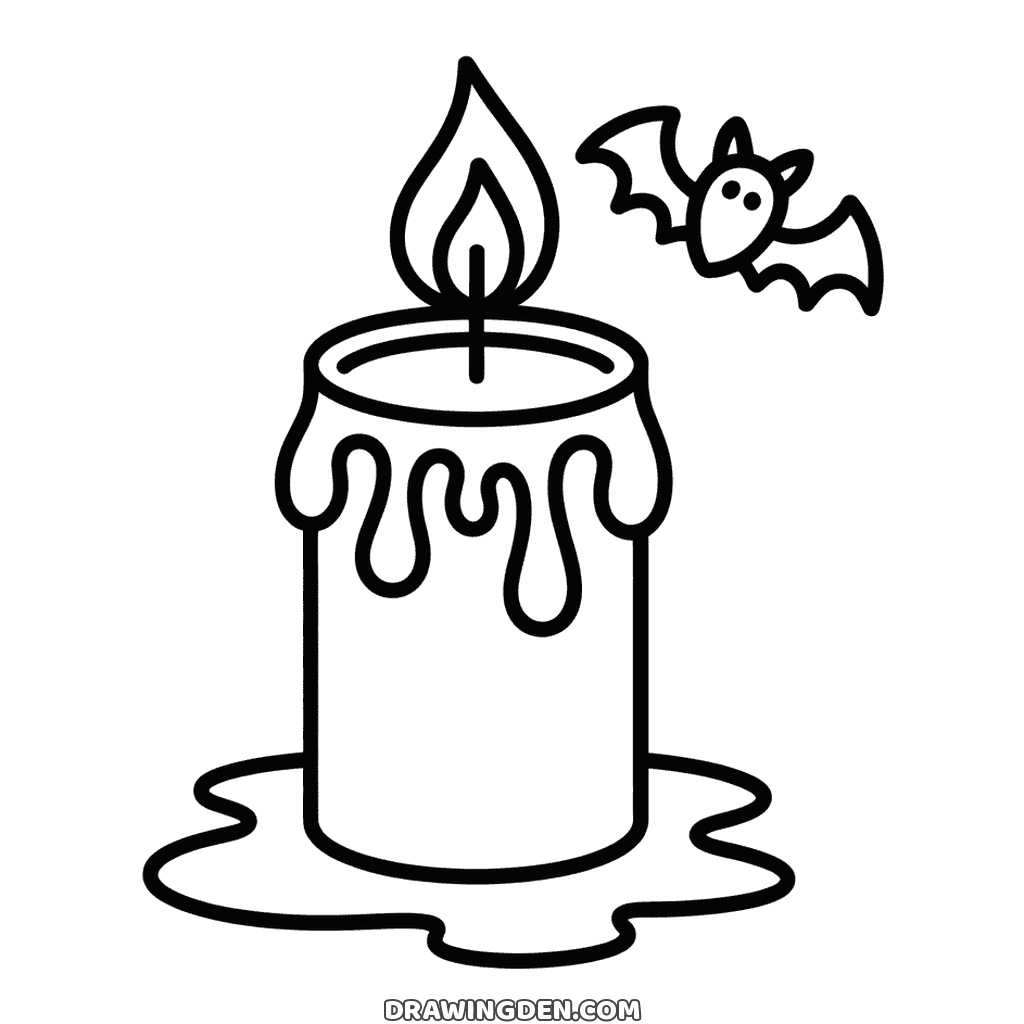 Halloween candle drawing with thick wax running over the rim and pooling at the base, a small bat flying beside the flame