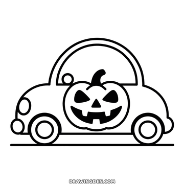 Simple Halloween car drawing seen from the side with a large carved jack-o'-lantern face on the body