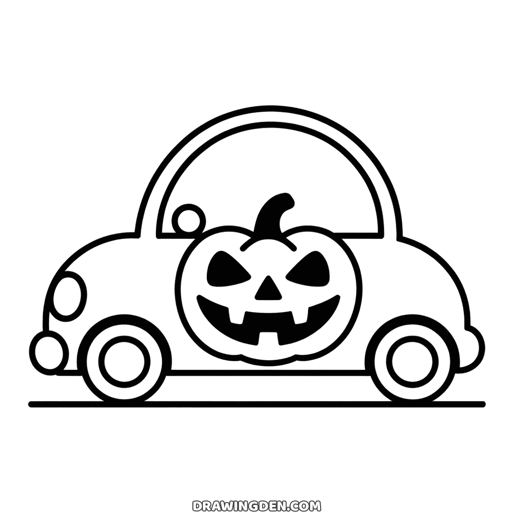 Simple Halloween car drawing seen from the side with a large carved jack-o'-lantern face on the body