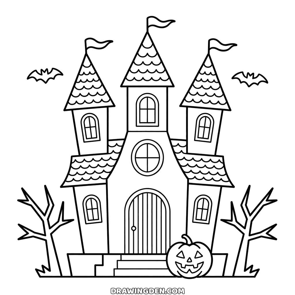 A haunted halloween castle with pointed towers and pennants, tiled roofs, an arched door, bare trees either side and bats overhead
