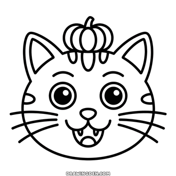 Cute Halloween cat face with a small pumpkin between the ears, two fangs and long whiskers, free drawing to print