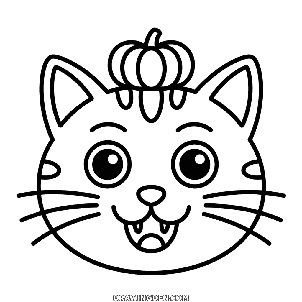 Cute Halloween cat face with a small pumpkin between the ears, two fangs and long whiskers, free drawing to print