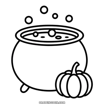 Witch cauldron with a wide rounded belly and bubbles rising off it, easy halloween drawing for kids