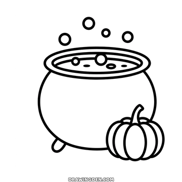 Dessin gratuit de chaudron à imprimer, un chaudron de sorcière avec des bulles et une citrouille