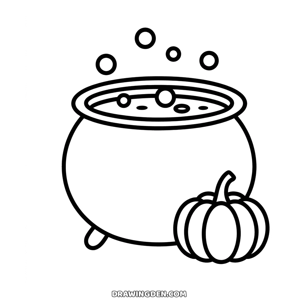 Dessin gratuit de chaudron à imprimer, un chaudron de sorcière avec des bulles et une citrouille