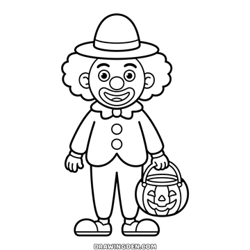 Halloween clown drawing standing in a small round hat with curly hair, a ruffled collar and a jack-o'-lantern pail