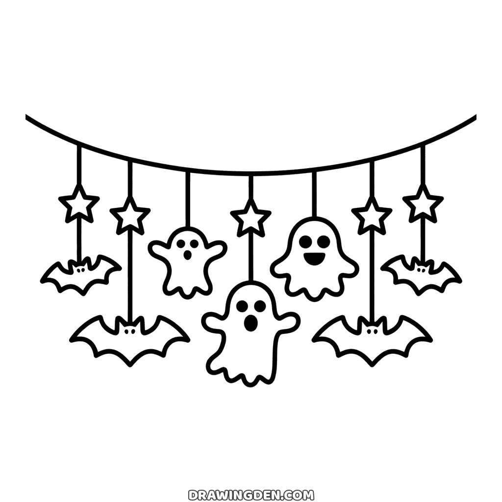 Halloween garland drawing: a hanging string with small ghosts, bats and stars dangling from it at different lengths