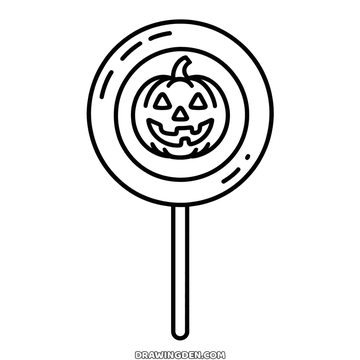 Halloween lollipop coloring page: a big round lollipop on a straight stick with a jack-o'-lantern face and spiral lines inside the disc