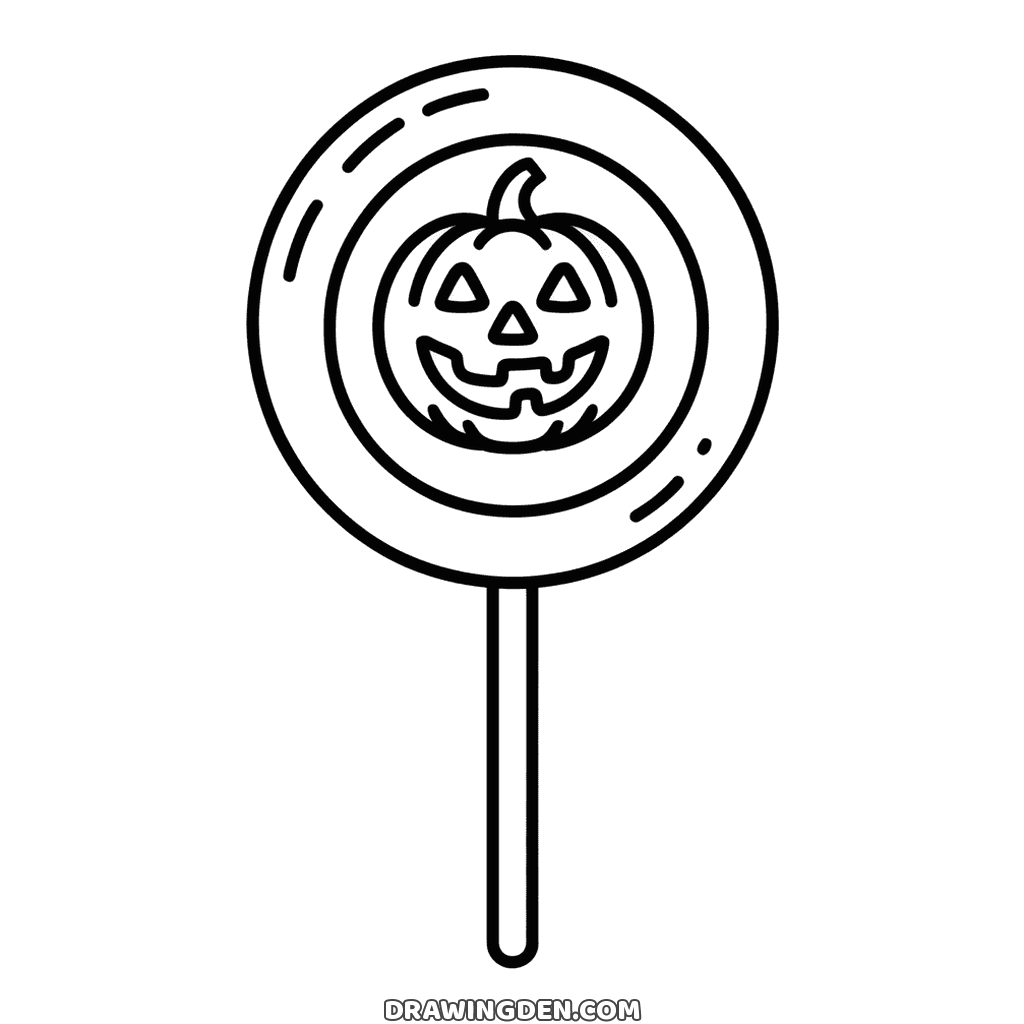 Coloriage de sucette d'Halloween : une grande sucette ronde sur un bâton droit, visage de citrouille sculptée et spirales dans le disque