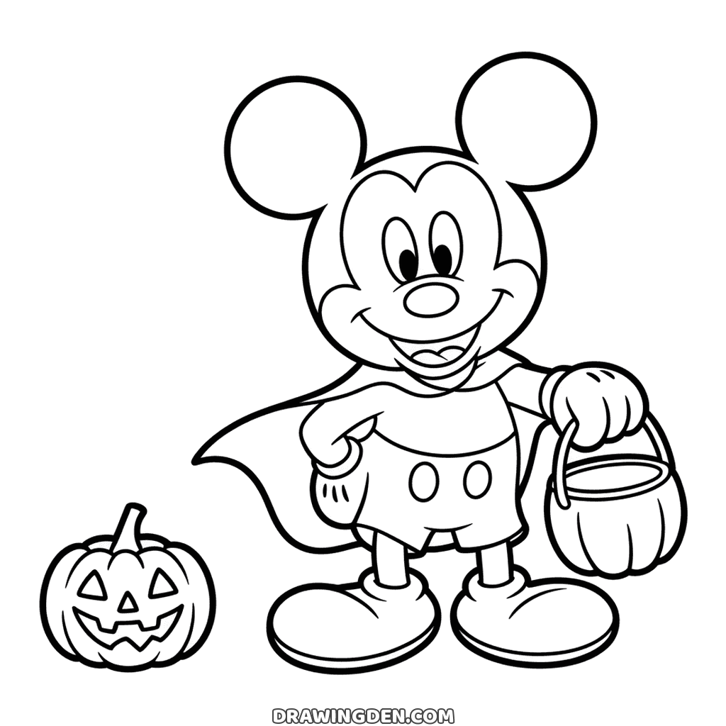 Mickey Mouse in a halloween cape holding a pumpkin pail, a carved pumpkin on the ground beside him