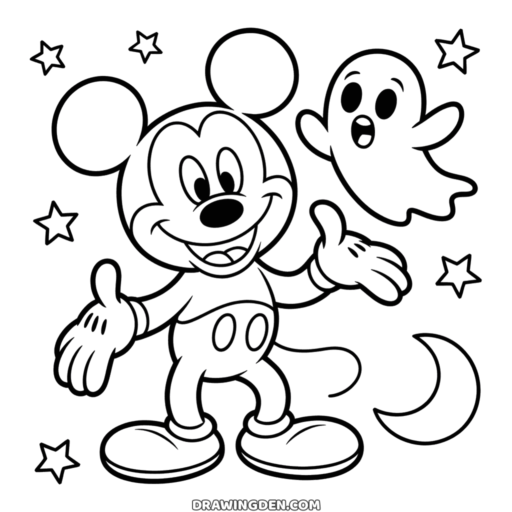 Mickey Mouse waving with a small Halloween ghost floating beside him, stars and a crescent moon around them