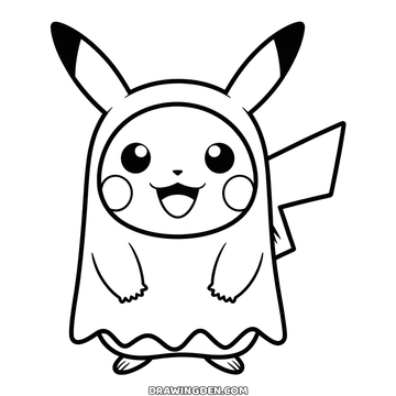 Pikachu in a halloween ghost sheet with a wavy hem, its pointed ears and lightning tail poking through