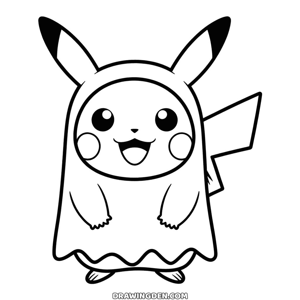 Pikachu in a halloween ghost sheet with a wavy hem, its pointed ears and lightning tail poking through