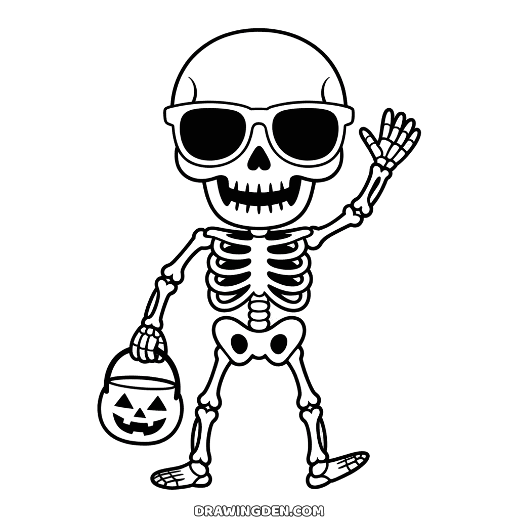 Halloween skeleton coloring page: a standing skeleton in sunglasses waving, ribs and pelvis drawn, a pumpkin pail swinging beside it