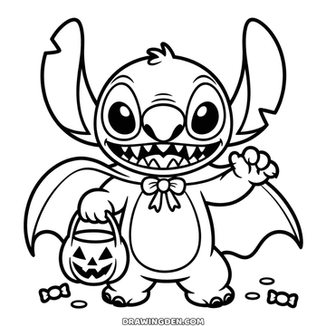 Stitch in a halloween bat cape with a bow at the neck, holding a jack o lantern pail, sweets at his feet