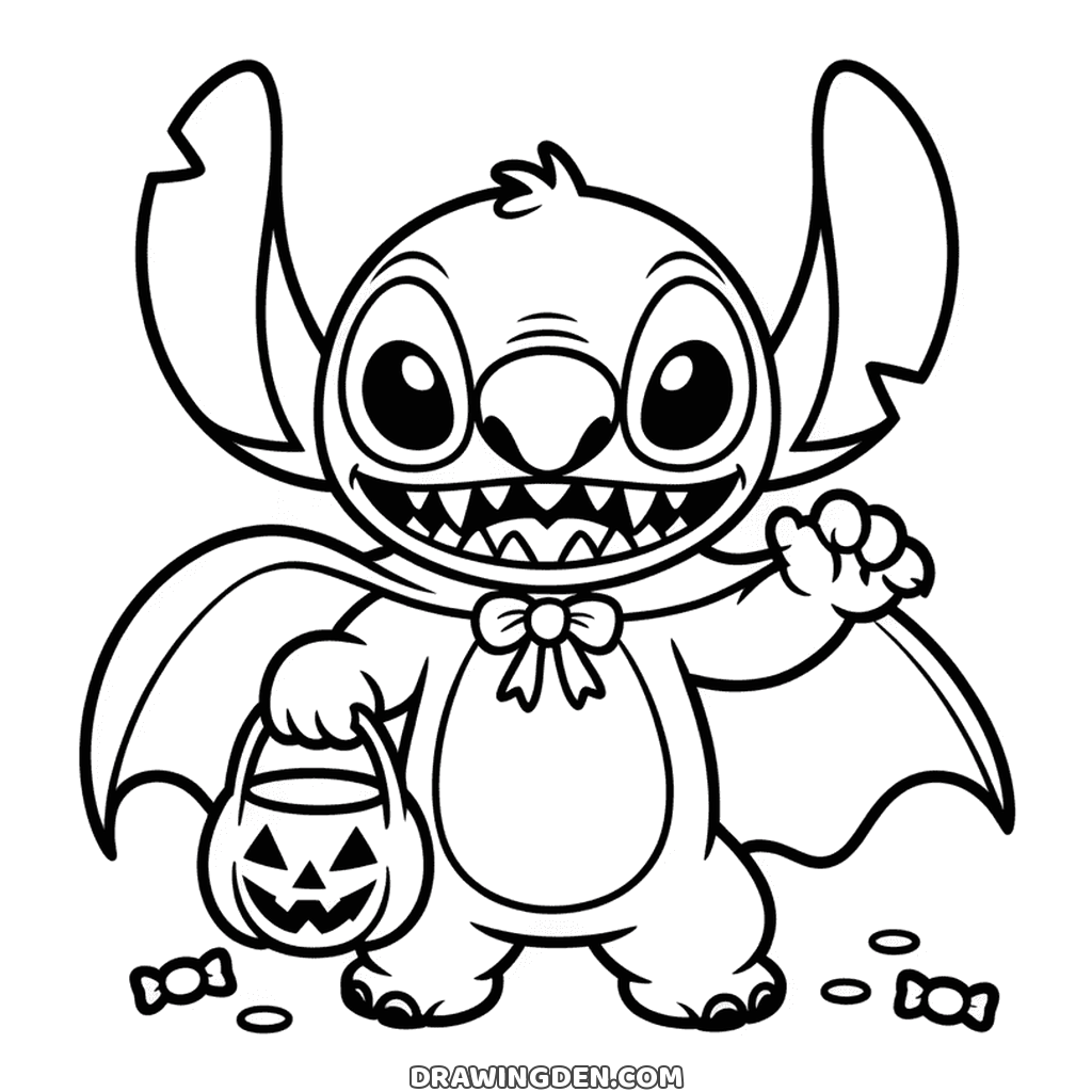 Stitch in a halloween bat cape with a bow at the neck, holding a jack o lantern pail, sweets at his feet
