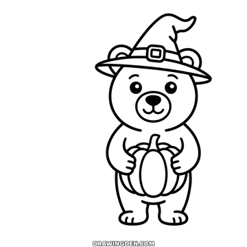 Halloween teddy bear coloring page: a standing teddy bear in a buckled witch hat holding a ribbed pumpkin with both paws