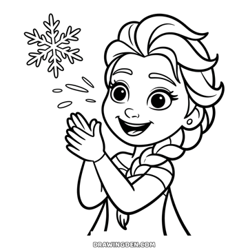 Happy young Elsa laughing and clapping her hands together, a large snowflake sparkling beside her head