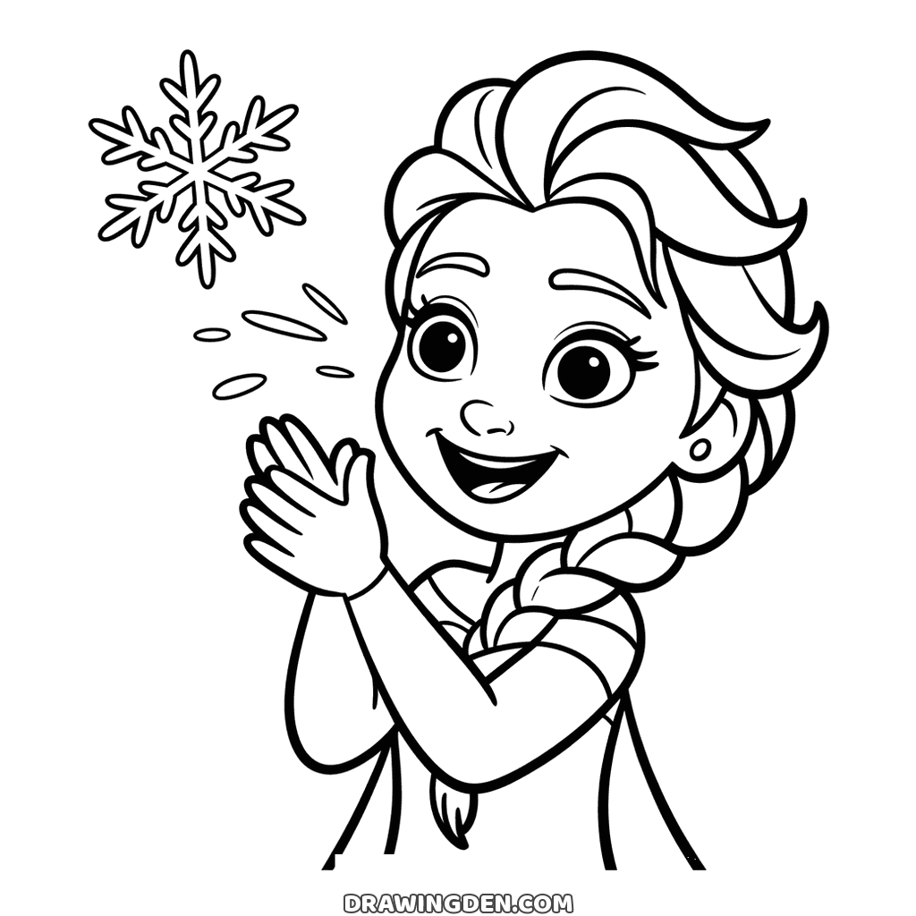 Happy young Elsa laughing and clapping her hands together, a large snowflake sparkling beside her head