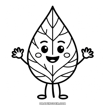 Smiling fall leaf character with rosy cheeks, waving both arms and standing on two little legs