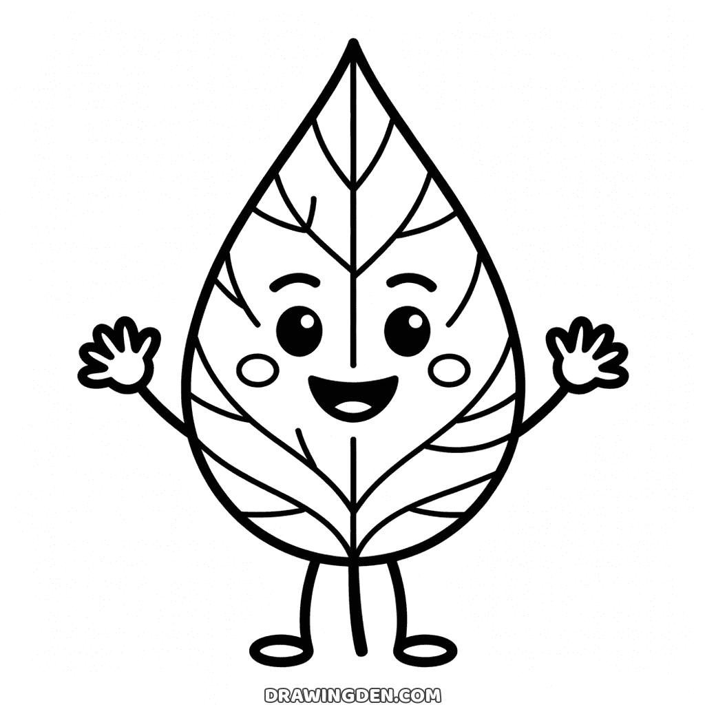 Smiling fall leaf character with rosy cheeks, waving both arms and standing on two little legs