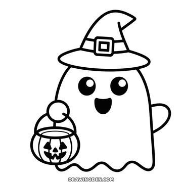 Dessin gratuit de fantôme à imprimer, coiffé d'un chapeau de sorcière et tenant un seau citrouille
