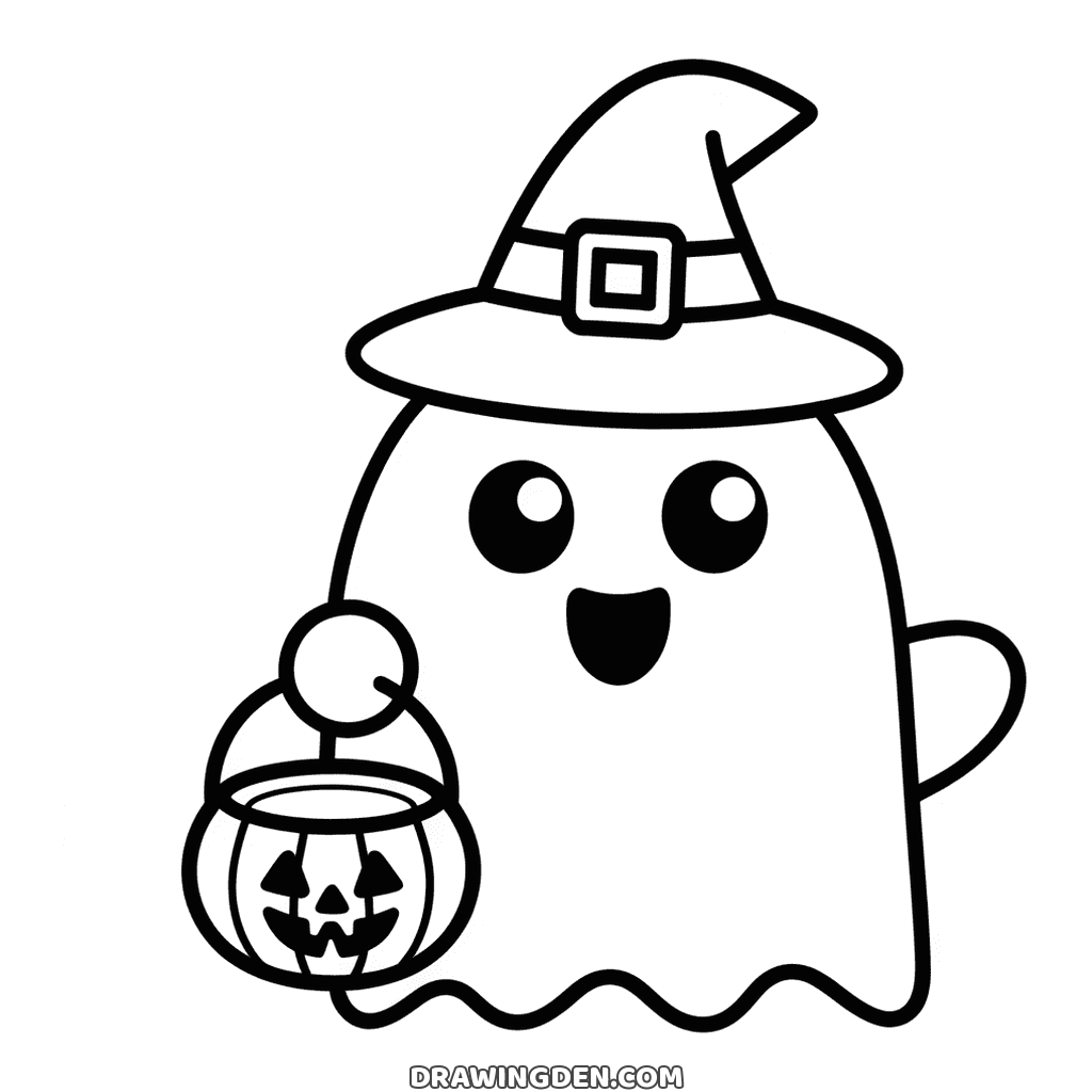 Dessin gratuit de fantôme à imprimer, coiffé d'un chapeau de sorcière et tenant un seau citrouille