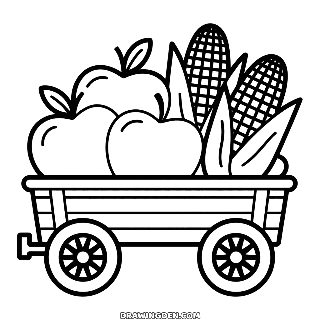 Wooden harvest wagon on two wheels loaded with big apples and ears of corn, fall coloring page