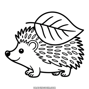 Hedgehog walking with a big leaf stuck on its spines, small face and pointed nose, autumn coloring page