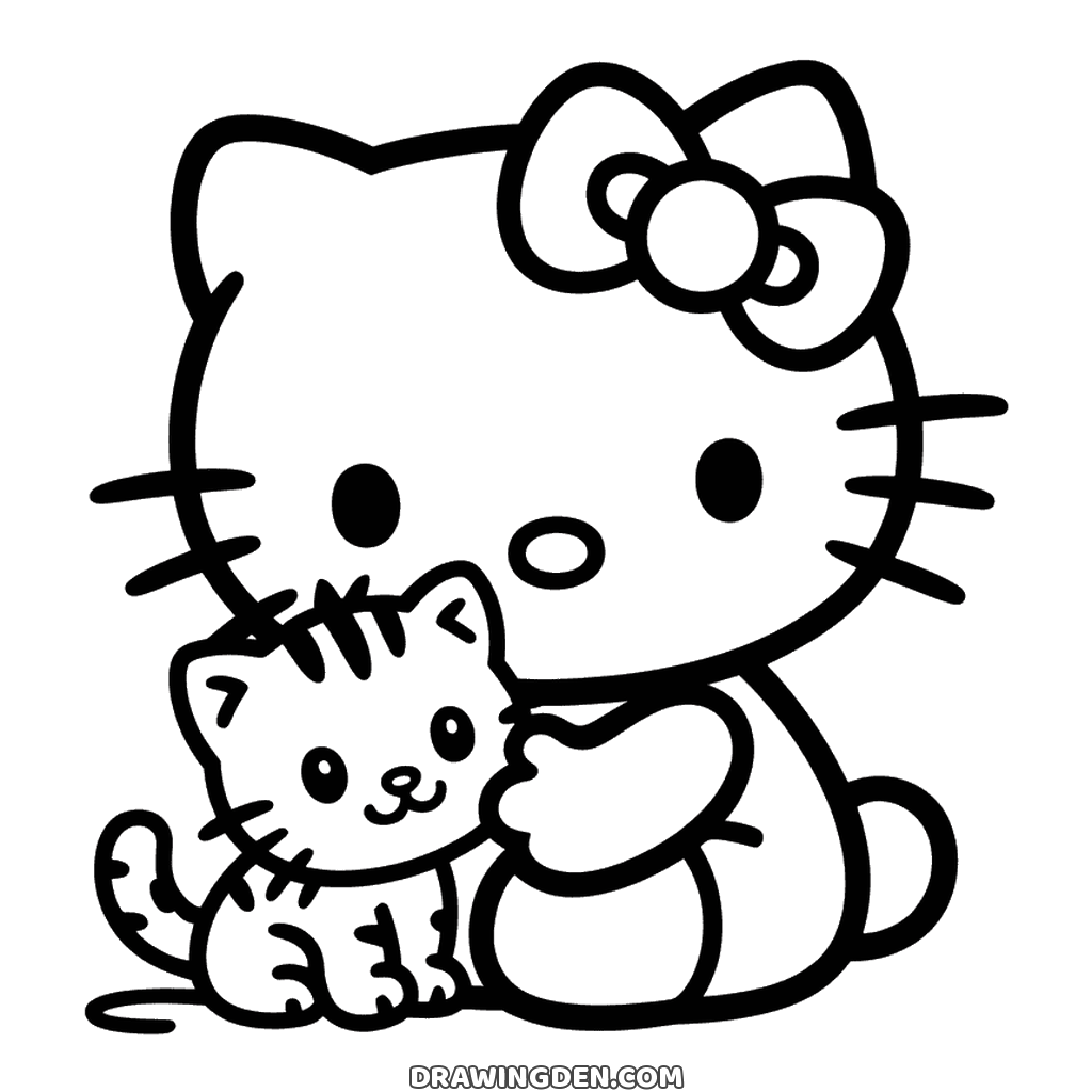 Free drawing: Hello Kitty sitting with a small striped cat in front of her, one paw resting against the kitten's back
