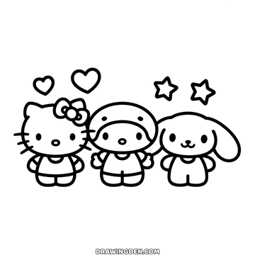 Free drawing: Hello Kitty and friends standing side by side with My Melody in her hood and Cinnamoroll with long ears