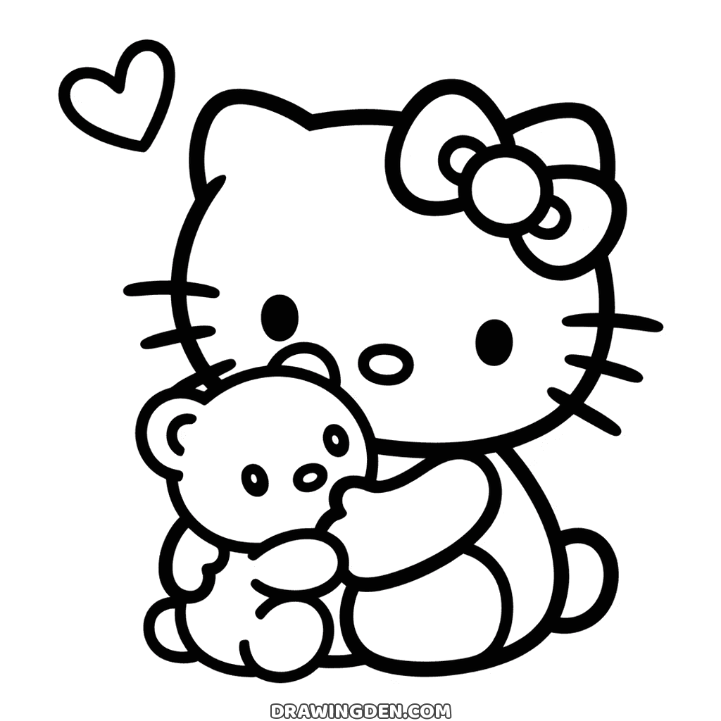 Hello Kitty hugging a small teddy bear in her arms, a heart floating above