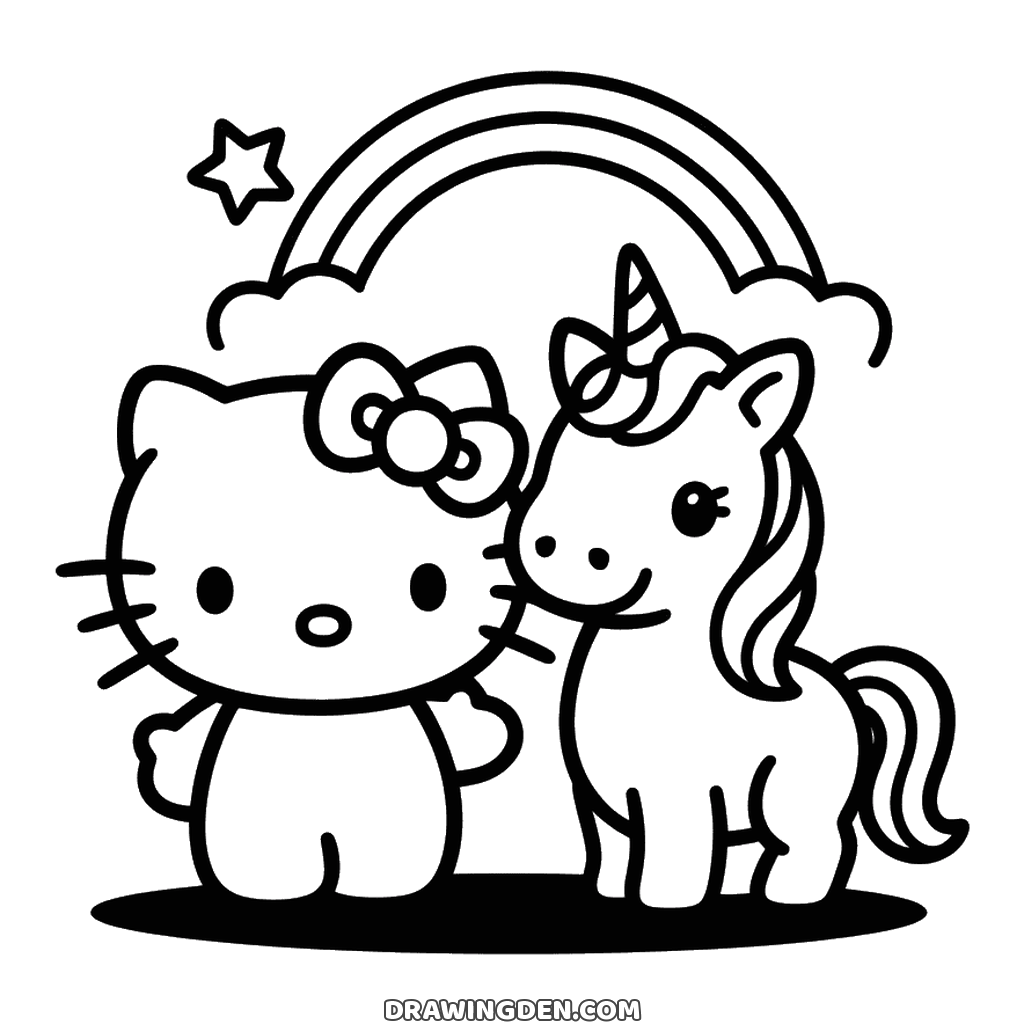 Coloring page: Hello Kitty standing beside a unicorn with a horn and a curly mane, a rainbow arc and two clouds above them