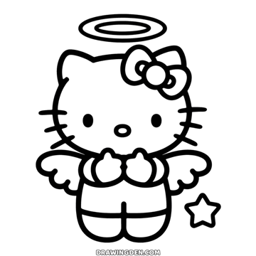 Hello Kitty angel with a halo above her head, small wings and paws held together