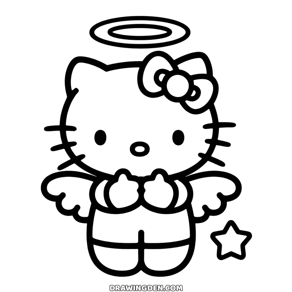 Hello Kitty angel with a halo above her head, small wings and paws held together