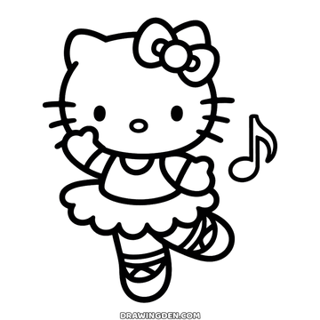 Line drawing: Hello Kitty ballerina balanced on one pointed toe in a tutu with ribbons crossed over her ballet shoes and a music note beside her