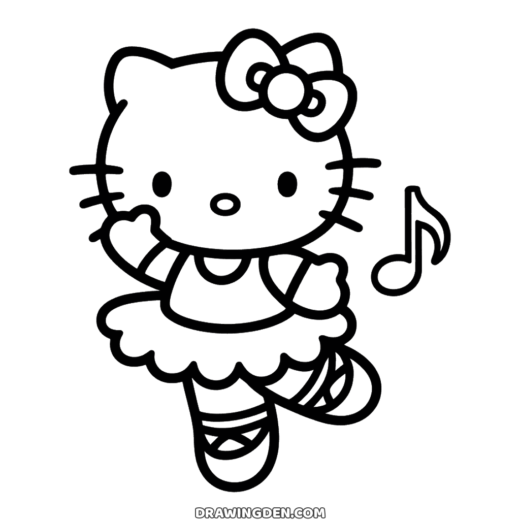 Line drawing: Hello Kitty ballerina balanced on one pointed toe in a tutu with ribbons crossed over her ballet shoes and a music note beside her