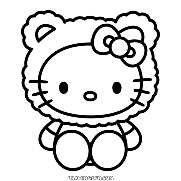 Hello Kitty wrapped in a fluffy bear costume with round ears, her bow showing