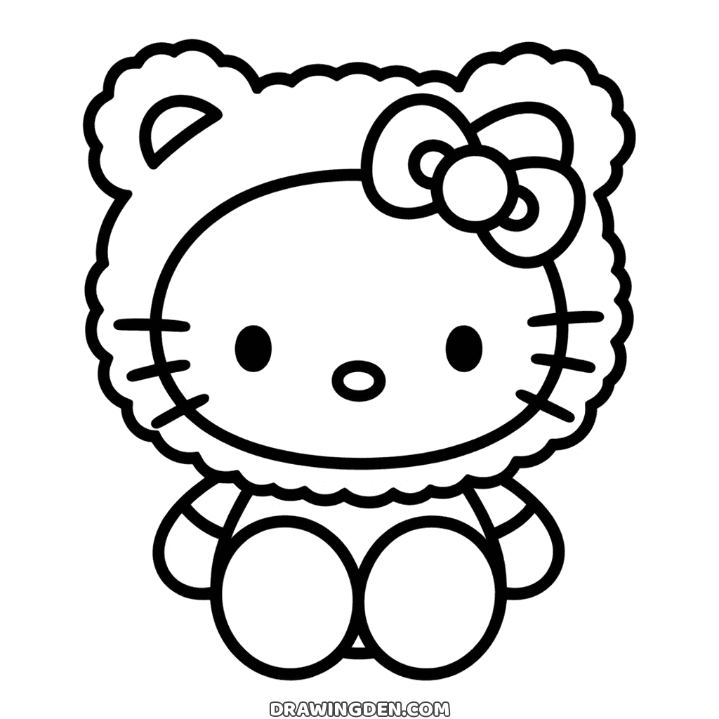 Hello Kitty wrapped in a fluffy bear costume with round ears, her bow showing