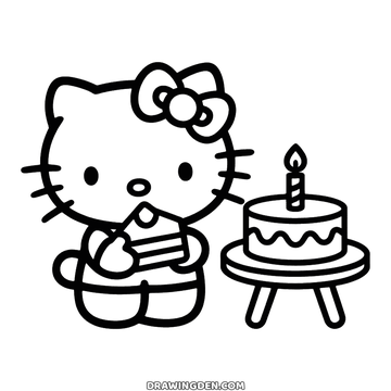 Free coloring page: Hello Kitty holding a slice of cake in both paws beside a round birthday cake on a three-legged stand with one lit candle