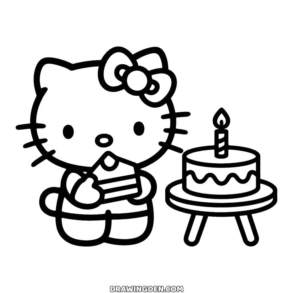 Free coloring page: Hello Kitty holding a slice of cake in both paws beside a round birthday cake on a three-legged stand with one lit candle
