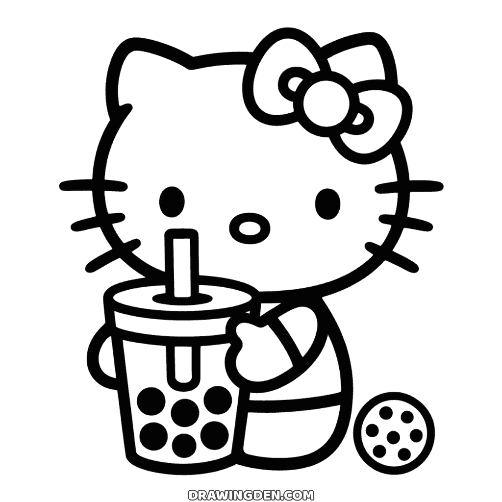 Printable drawing: Hello Kitty holding a big bubble tea cup and sipping through the straw